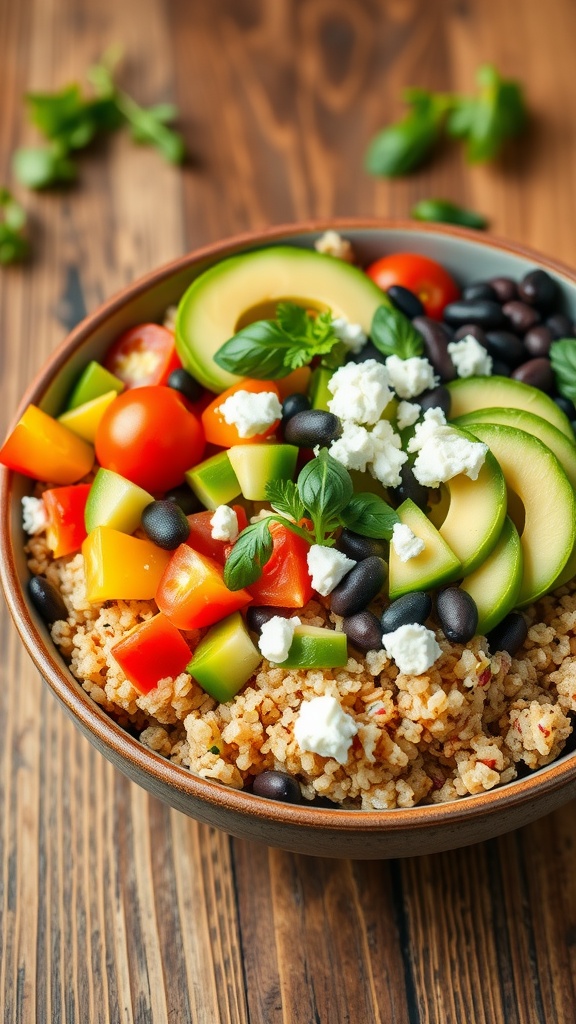 A colorful quinoa protein bowl with cherry tomatoes, cucumbers, bell peppers, avocado, and black beans, garnished with feta and herbs.
